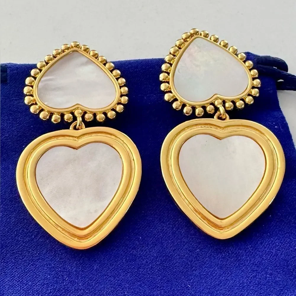TORY BURCH Elegant Gold and White Heart Earrings